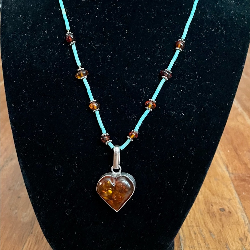 Amber Heart pendant turquoise necklace.